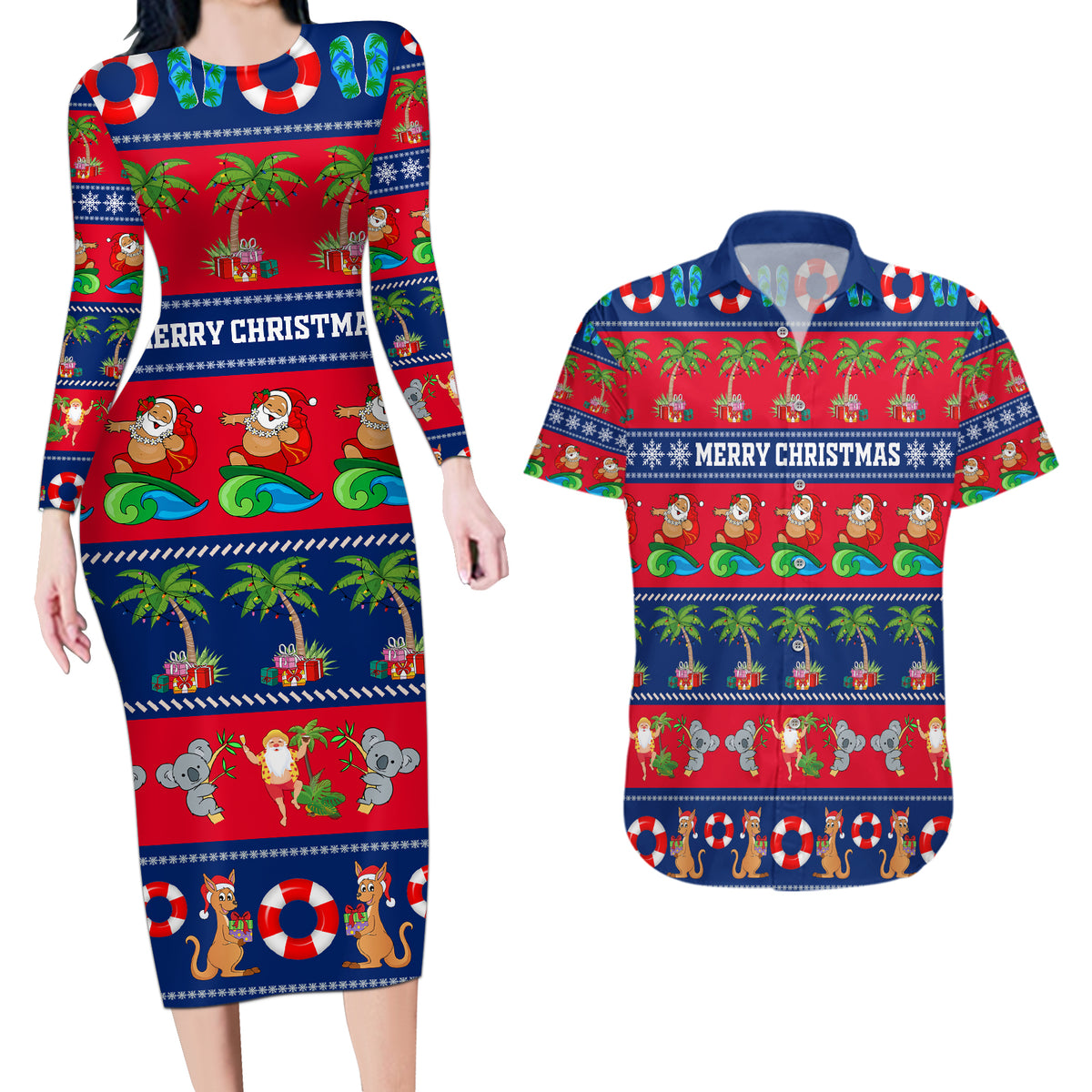 personalised-australia-christmas-couples-matching-long-sleeve-bodycon-dress-and-hawaiian-shirt-aussie-santa-claus-beach-xmas-vibes