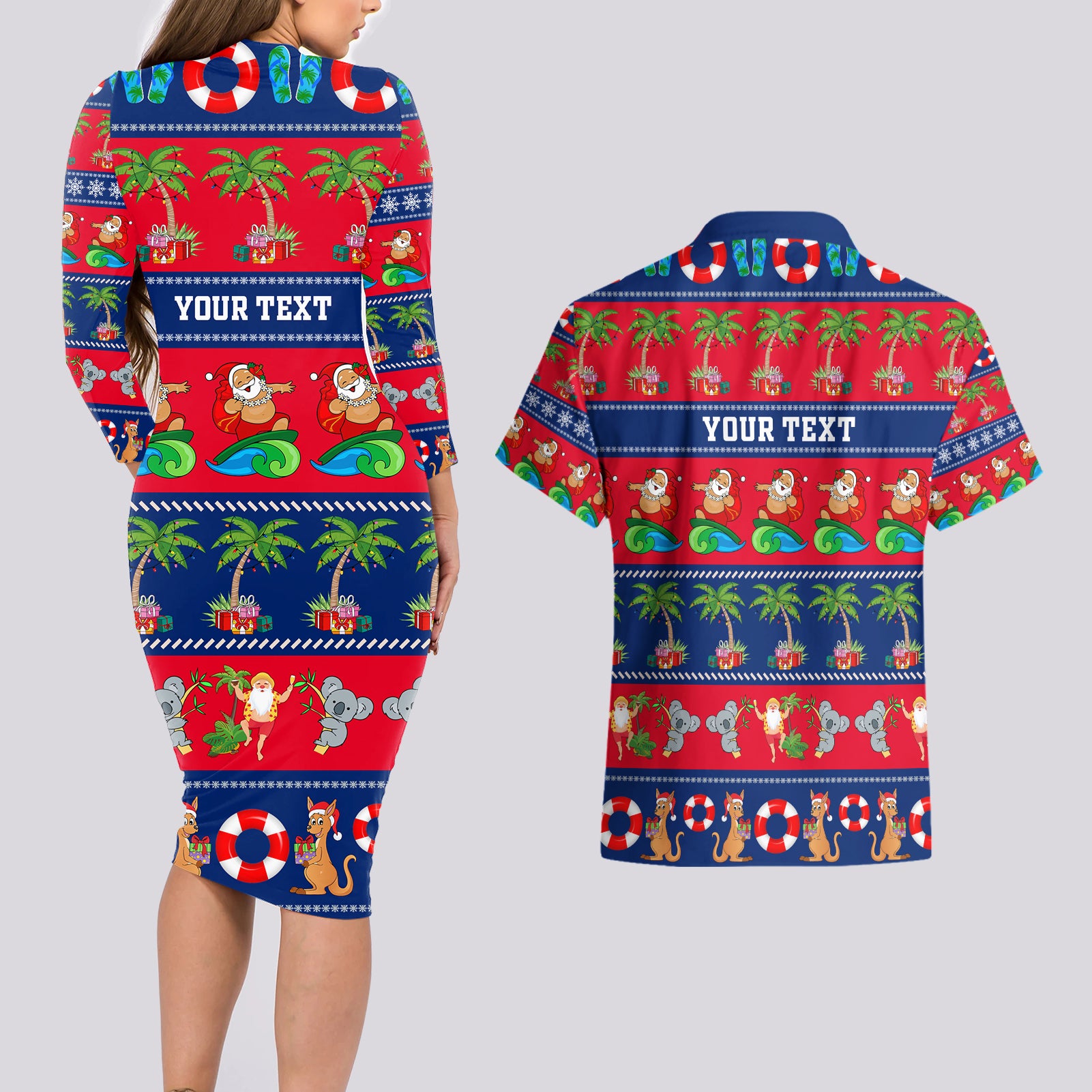 personalised-australia-christmas-couples-matching-long-sleeve-bodycon-dress-and-hawaiian-shirt-aussie-santa-claus-beach-xmas-vibes