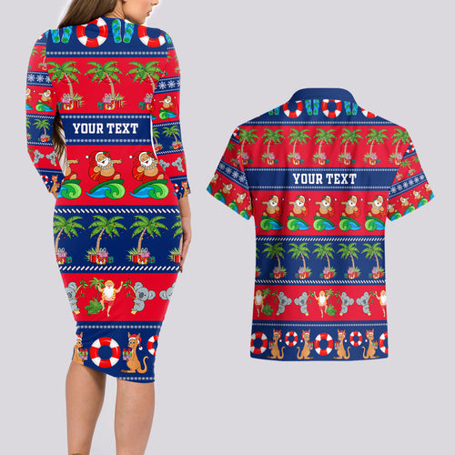 personalised-australia-christmas-couples-matching-long-sleeve-bodycon-dress-and-hawaiian-shirt-aussie-santa-claus-beach-xmas-vibes