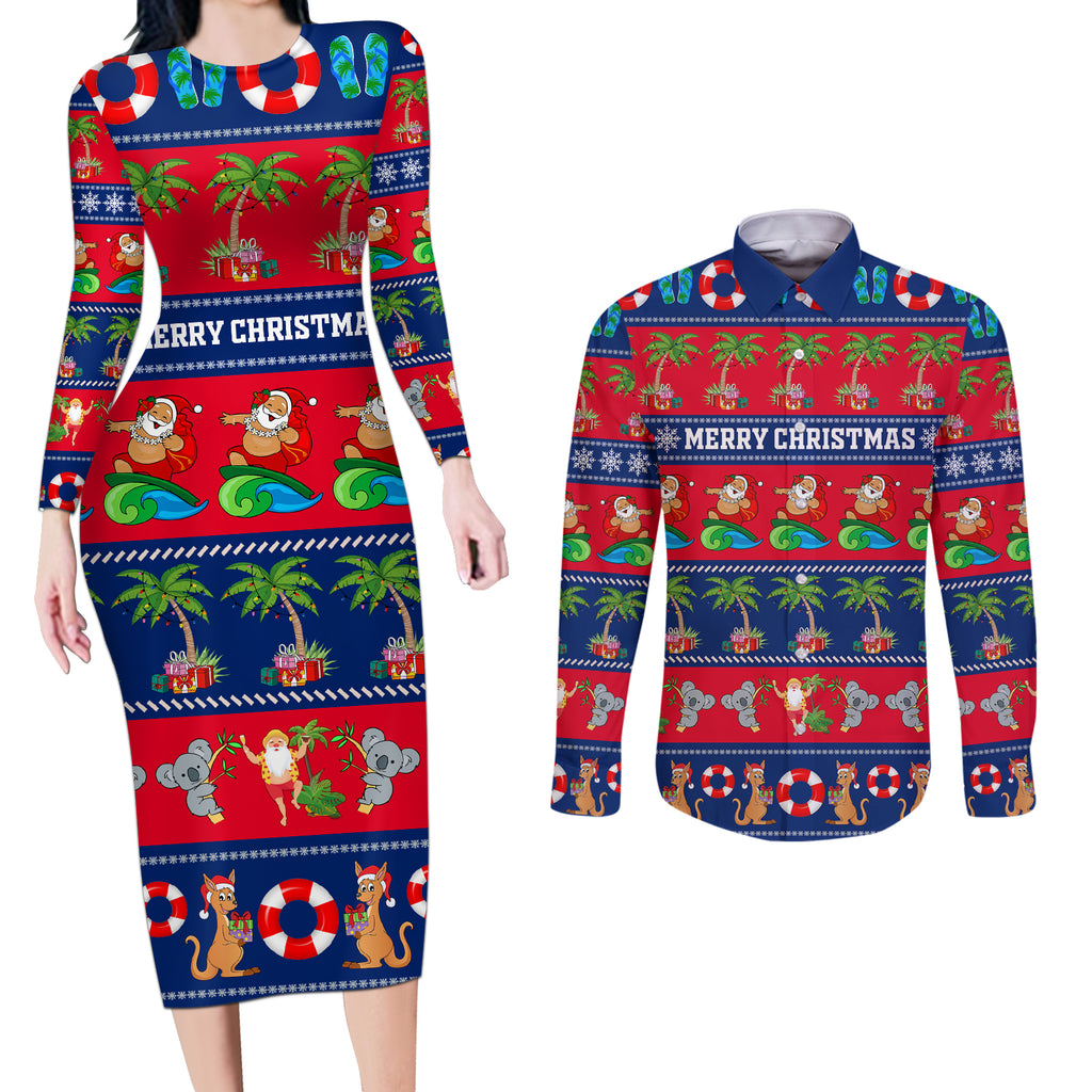 personalised-australia-christmas-couples-matching-long-sleeve-bodycon-dress-and-long-sleeve-button-shirt-aussie-santa-claus-beach-xmas-vibes