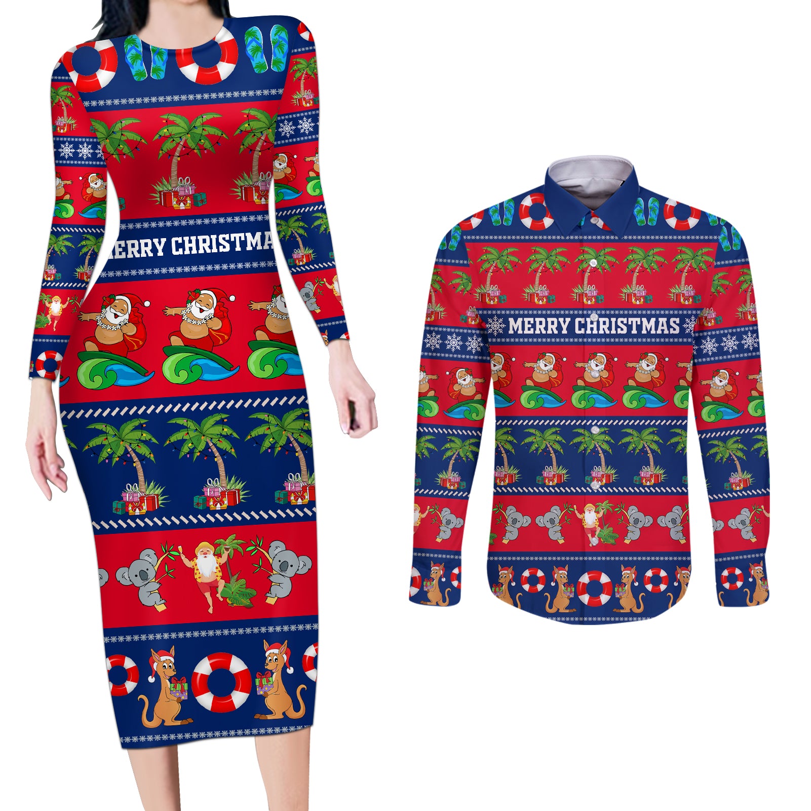personalised-australia-christmas-couples-matching-long-sleeve-bodycon-dress-and-long-sleeve-button-shirt-aussie-santa-claus-beach-xmas-vibes