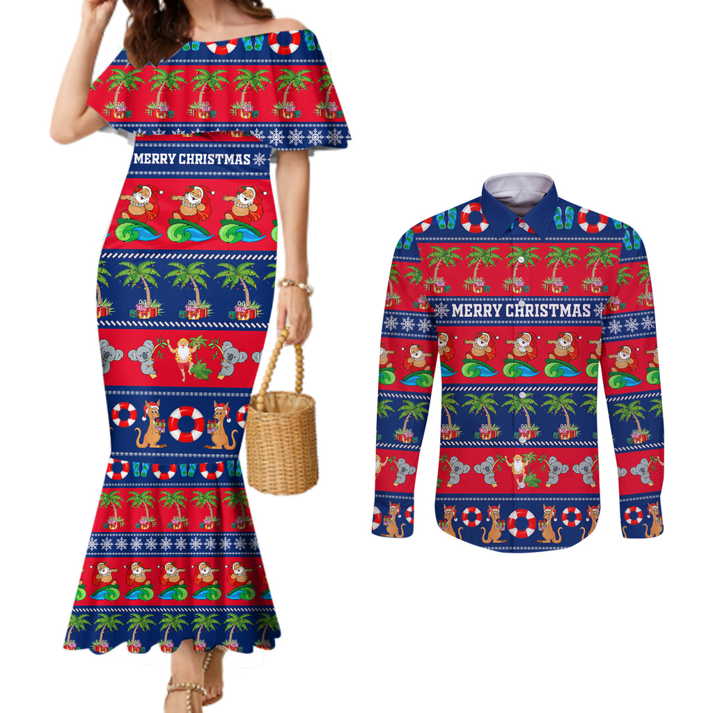 personalised-australia-christmas-couples-matching-mermaid-dress-and-long-sleeve-button-shirt-aussie-santa-claus-beach-xmas-vibes