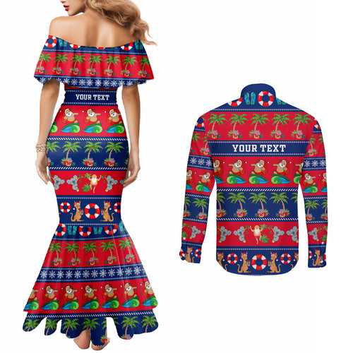 personalised-australia-christmas-couples-matching-mermaid-dress-and-long-sleeve-button-shirt-aussie-santa-claus-beach-xmas-vibes