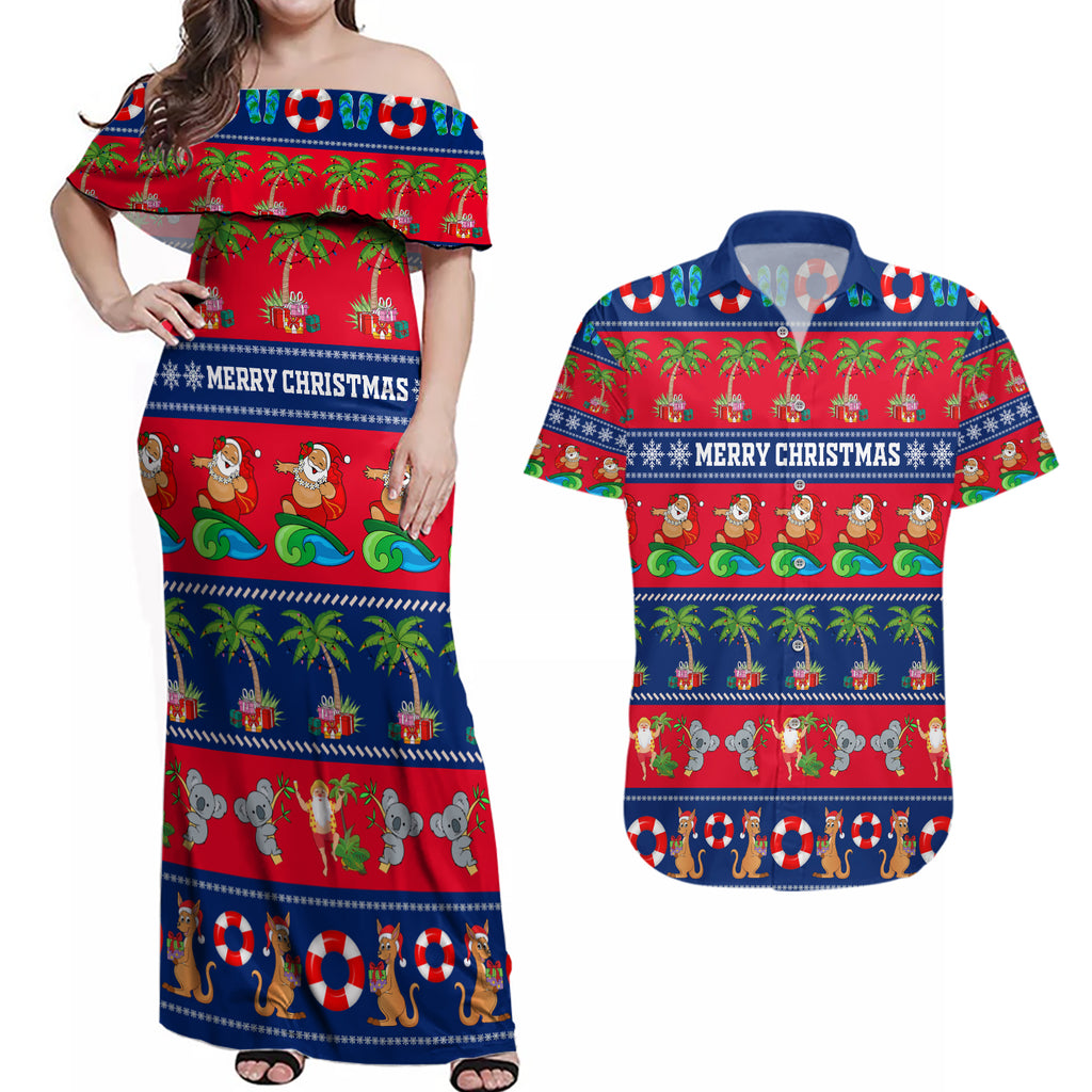 personalised-australia-christmas-couples-matching-off-shoulder-maxi-dress-and-hawaiian-shirt-aussie-santa-claus-beach-xmas-vibes