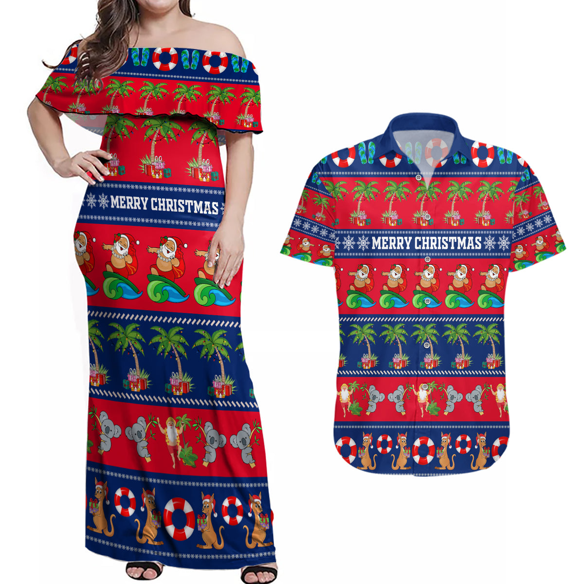 personalised-australia-christmas-couples-matching-off-shoulder-maxi-dress-and-hawaiian-shirt-aussie-santa-claus-beach-xmas-vibes