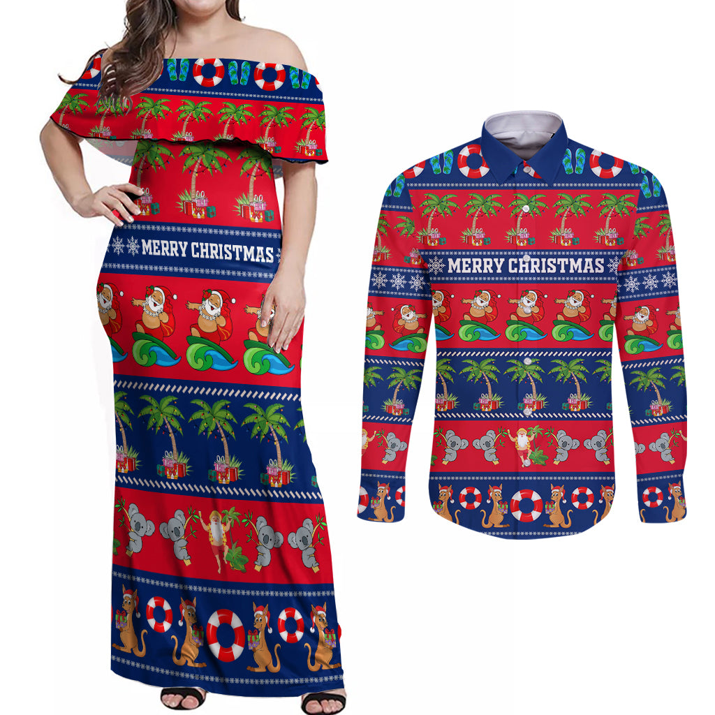 personalised-australia-christmas-couples-matching-off-shoulder-maxi-dress-and-long-sleeve-button-shirt-aussie-santa-claus-beach-xmas-vibes
