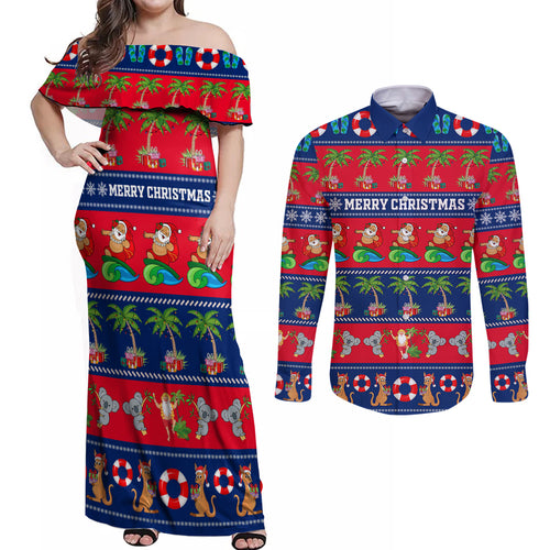 personalised-australia-christmas-couples-matching-off-shoulder-maxi-dress-and-long-sleeve-button-shirt-aussie-santa-claus-beach-xmas-vibes
