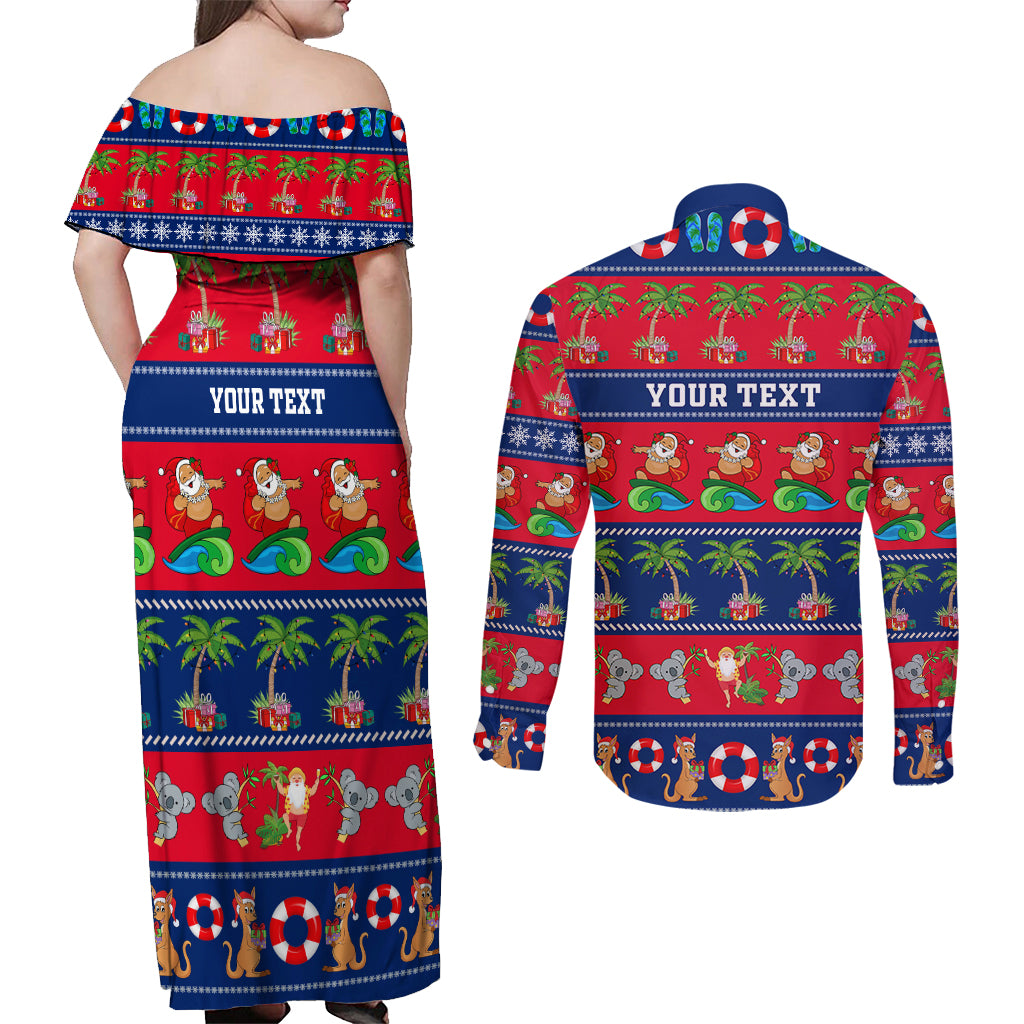 personalised-australia-christmas-couples-matching-off-shoulder-maxi-dress-and-long-sleeve-button-shirt-aussie-santa-claus-beach-xmas-vibes