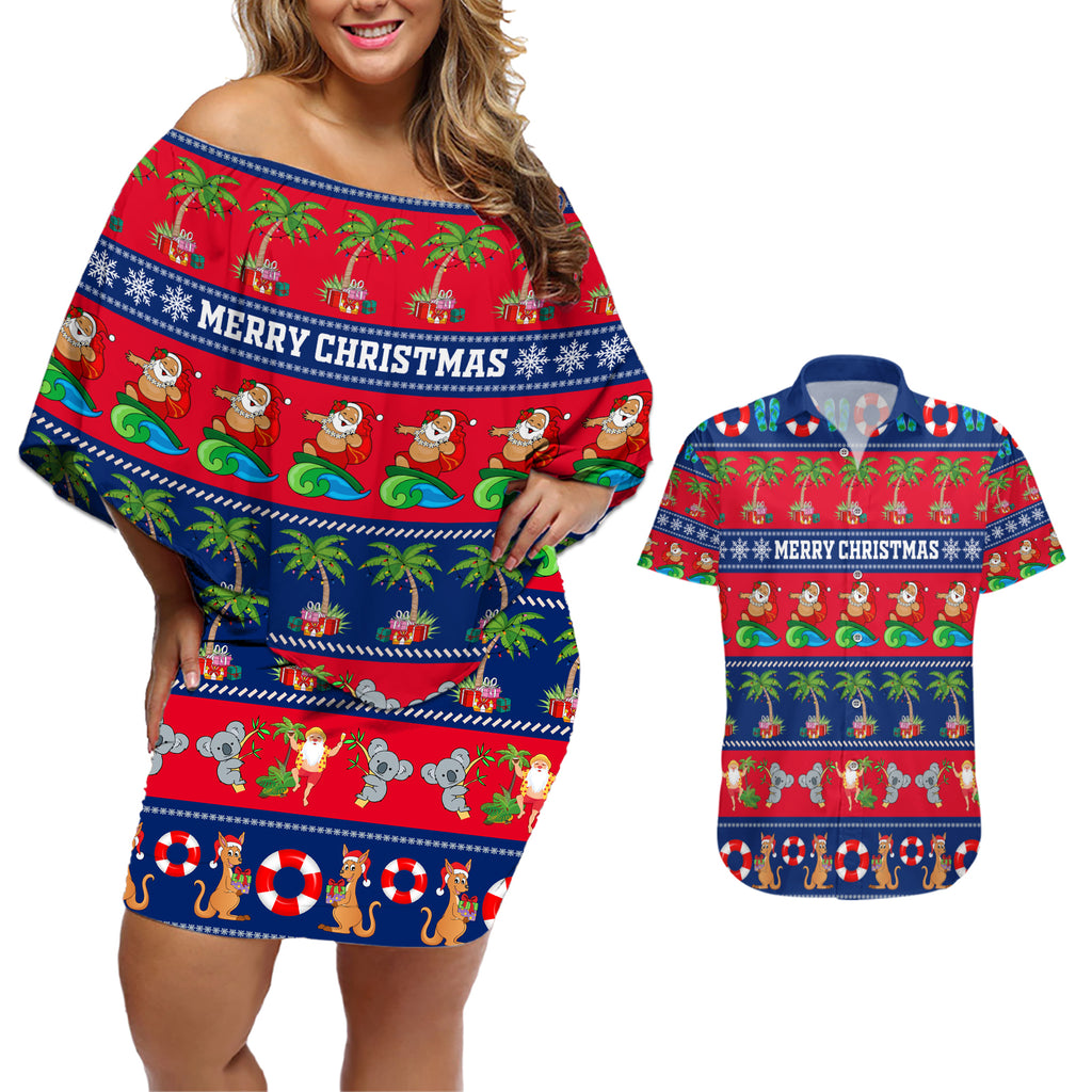 personalised-australia-christmas-couples-matching-off-shoulder-short-dress-and-hawaiian-shirt-aussie-santa-claus-beach-xmas-vibes