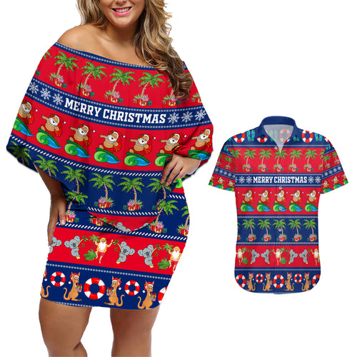 personalised-australia-christmas-couples-matching-off-shoulder-short-dress-and-hawaiian-shirt-aussie-santa-claus-beach-xmas-vibes