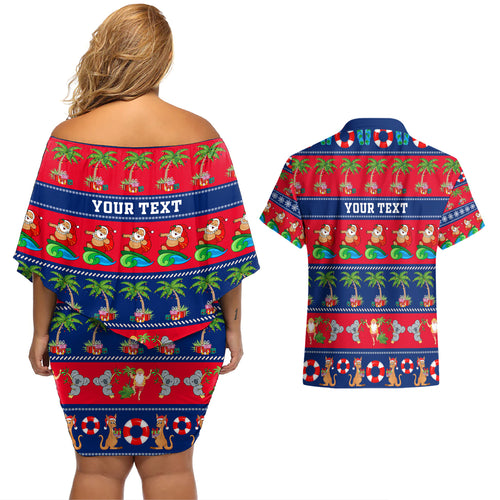 personalised-australia-christmas-couples-matching-off-shoulder-short-dress-and-hawaiian-shirt-aussie-santa-claus-beach-xmas-vibes