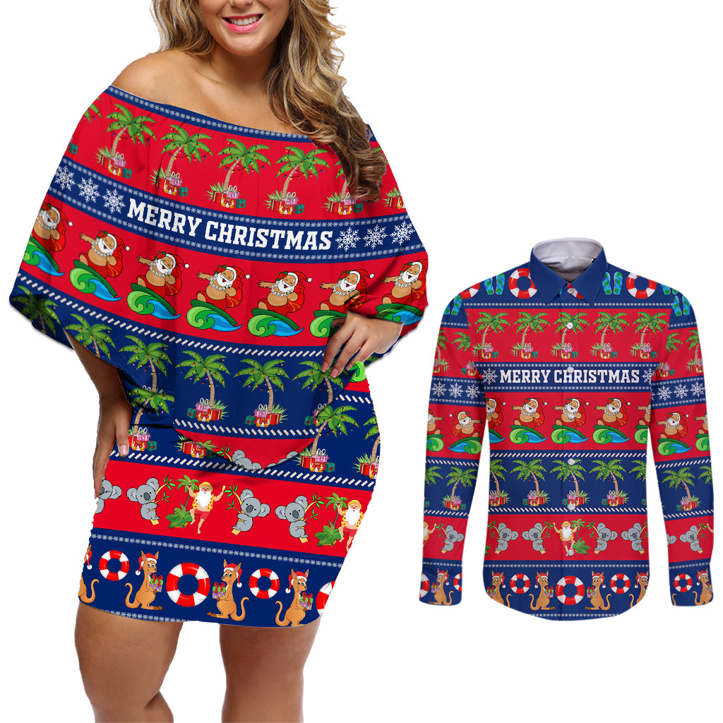 personalised-australia-christmas-couples-matching-off-shoulder-short-dress-and-long-sleeve-button-shirt-aussie-santa-claus-beach-xmas-vibes