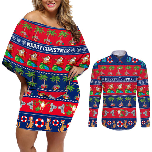 personalised-australia-christmas-couples-matching-off-shoulder-short-dress-and-long-sleeve-button-shirt-aussie-santa-claus-beach-xmas-vibes