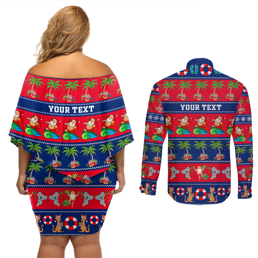 personalised-australia-christmas-couples-matching-off-shoulder-short-dress-and-long-sleeve-button-shirt-aussie-santa-claus-beach-xmas-vibes