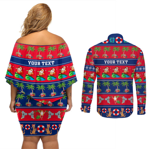 personalised-australia-christmas-couples-matching-off-shoulder-short-dress-and-long-sleeve-button-shirt-aussie-santa-claus-beach-xmas-vibes