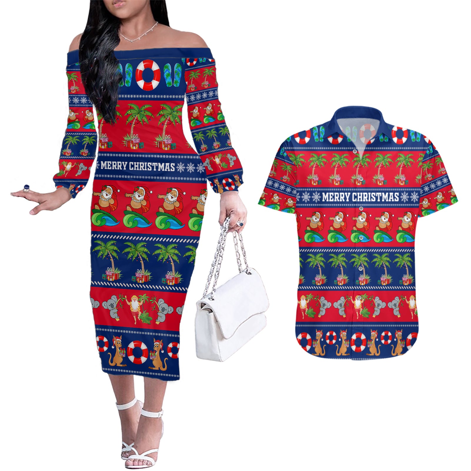personalised-australia-christmas-couples-matching-off-the-shoulder-long-sleeve-dress-and-hawaiian-shirt-aussie-santa-claus-beach-xmas-vibes