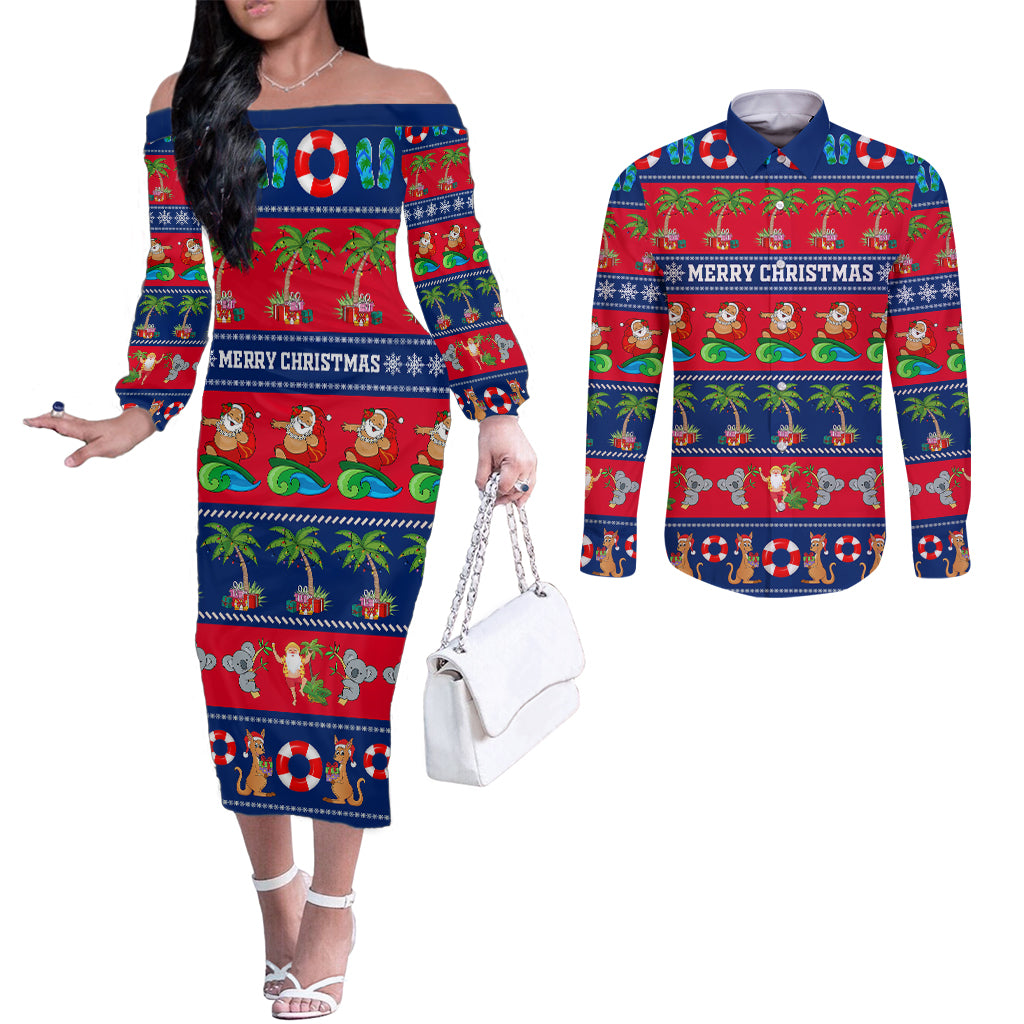 personalised-australia-christmas-couples-matching-off-the-shoulder-long-sleeve-dress-and-long-sleeve-button-shirt-aussie-santa-claus-beach-xmas-vibes