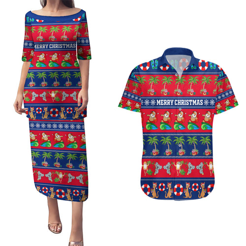 personalised-australia-christmas-couples-matching-puletasi-dress-and-hawaiian-shirt-aussie-santa-claus-beach-xmas-vibes