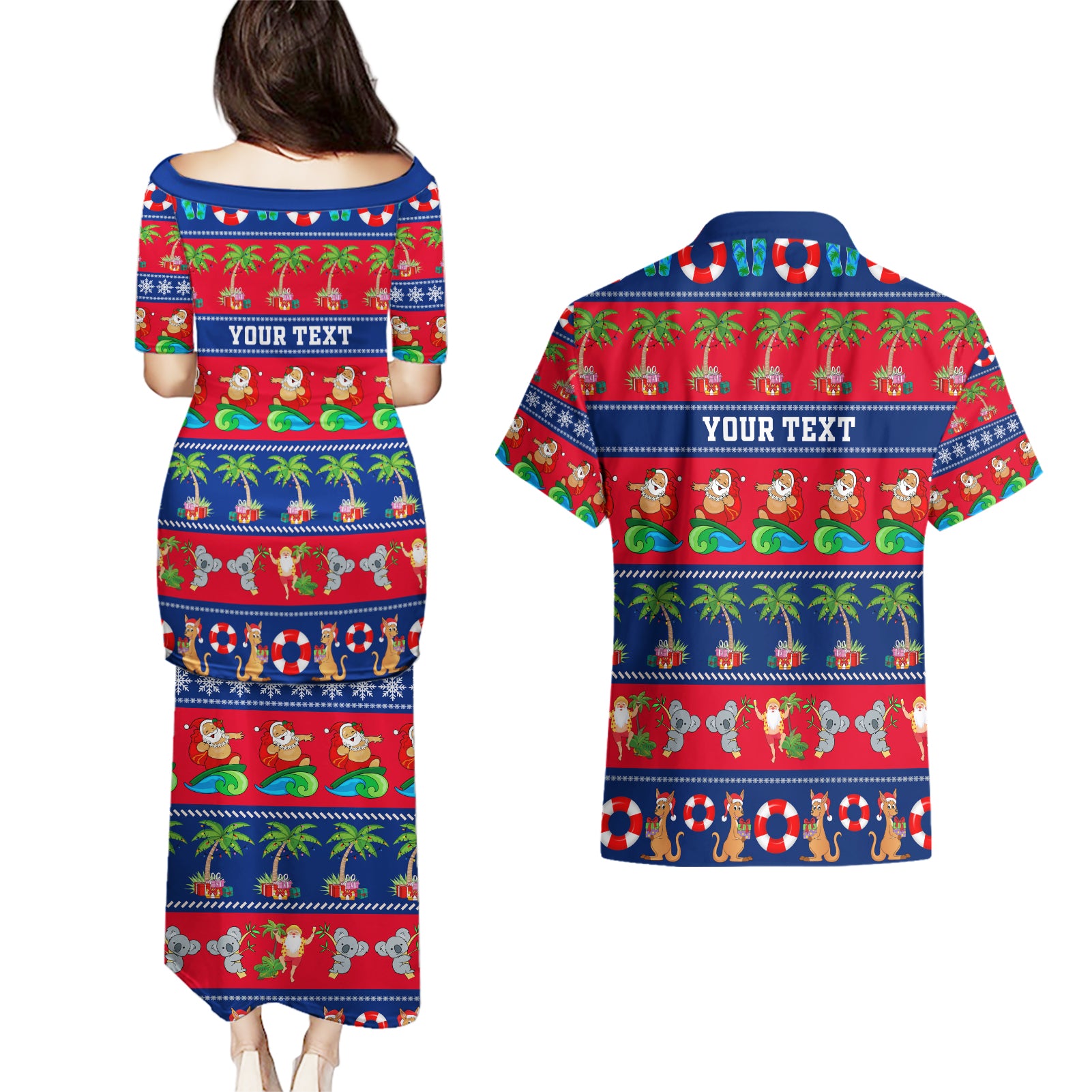 personalised-australia-christmas-couples-matching-puletasi-dress-and-hawaiian-shirt-aussie-santa-claus-beach-xmas-vibes