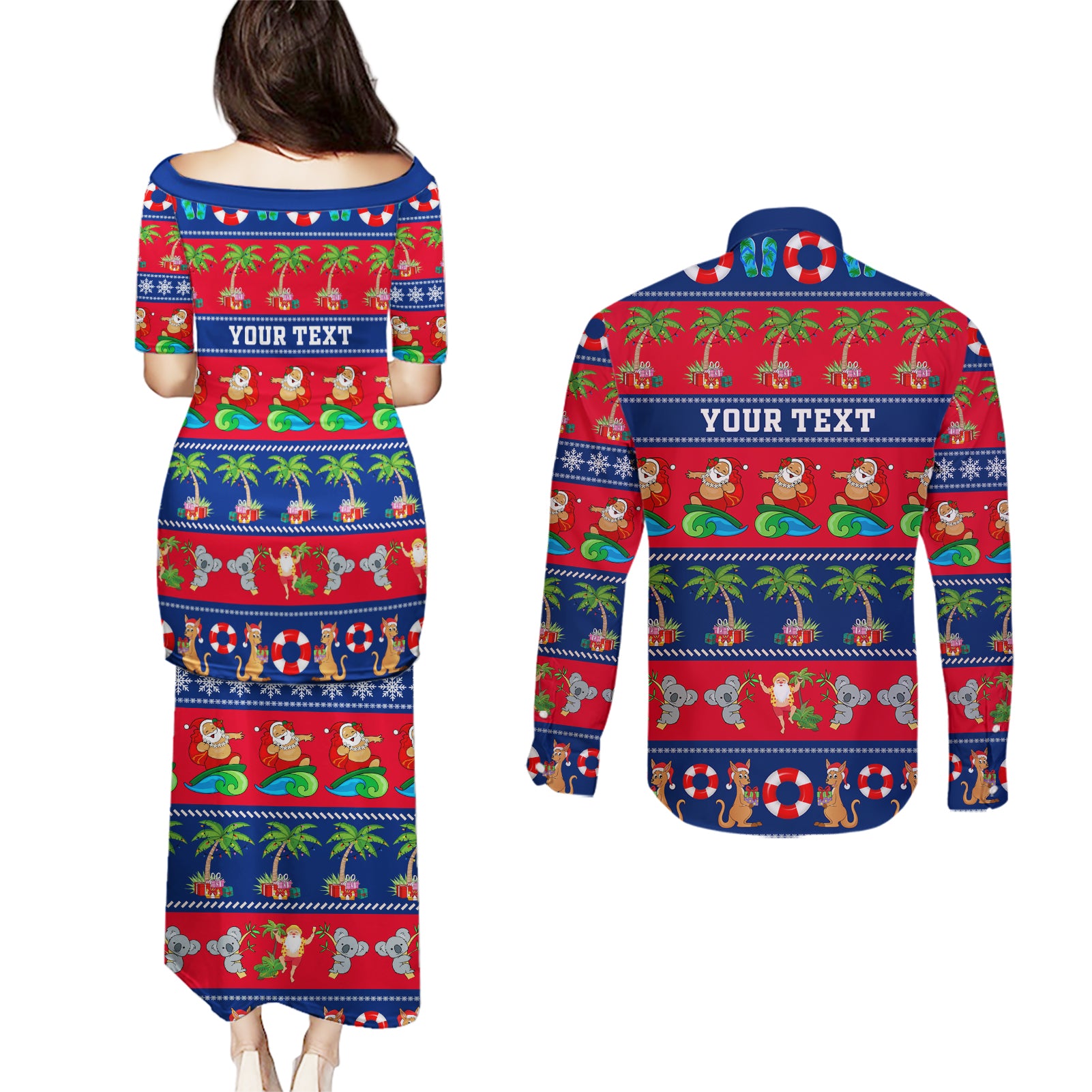 personalised-australia-christmas-couples-matching-puletasi-dress-and-long-sleeve-button-shirt-aussie-santa-claus-beach-xmas-vibes