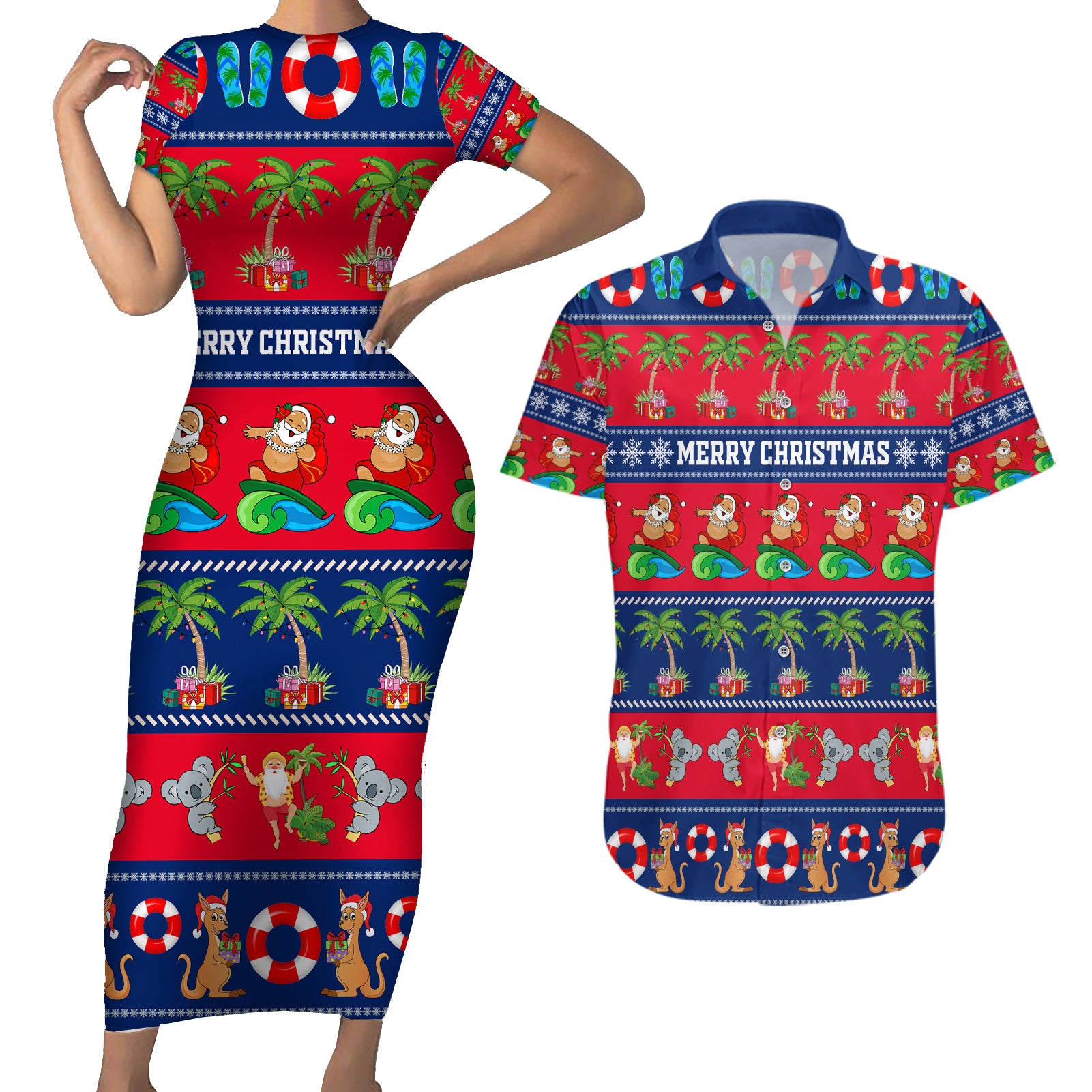 personalised-australia-christmas-couples-matching-short-sleeve-bodycon-dress-and-hawaiian-shirt-aussie-santa-claus-beach-xmas-vibes