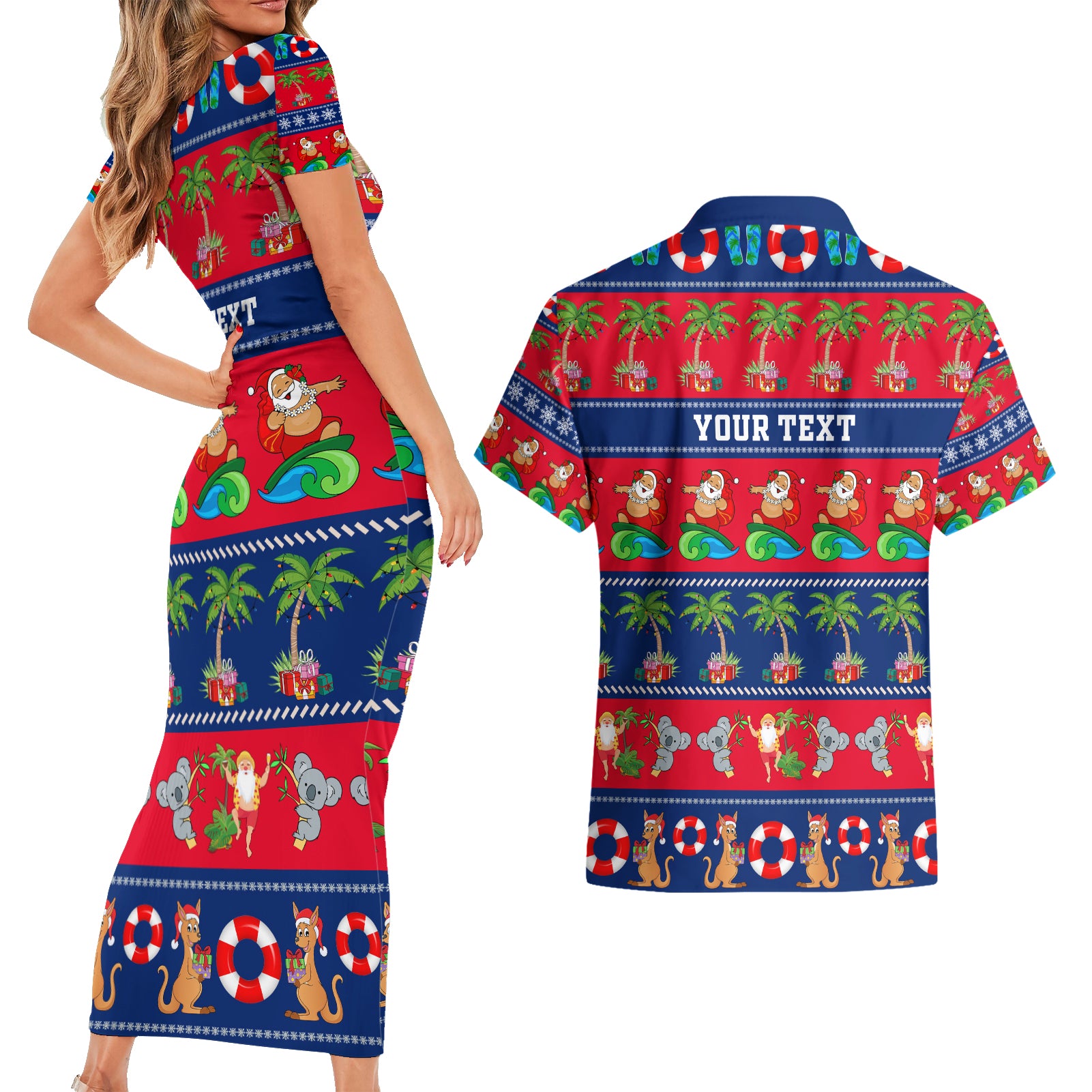 personalised-australia-christmas-couples-matching-short-sleeve-bodycon-dress-and-hawaiian-shirt-aussie-santa-claus-beach-xmas-vibes