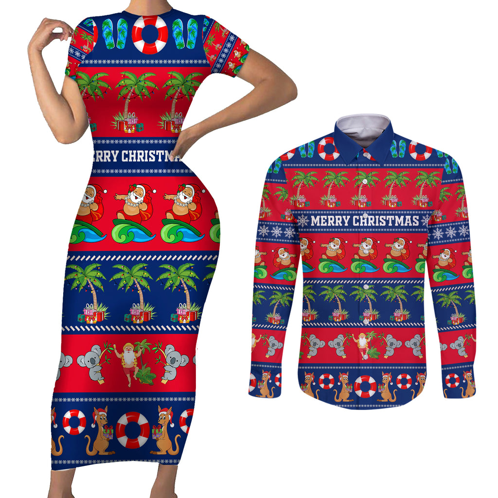 personalised-australia-christmas-couples-matching-short-sleeve-bodycon-dress-and-long-sleeve-button-shirt-aussie-santa-claus-beach-xmas-vibes