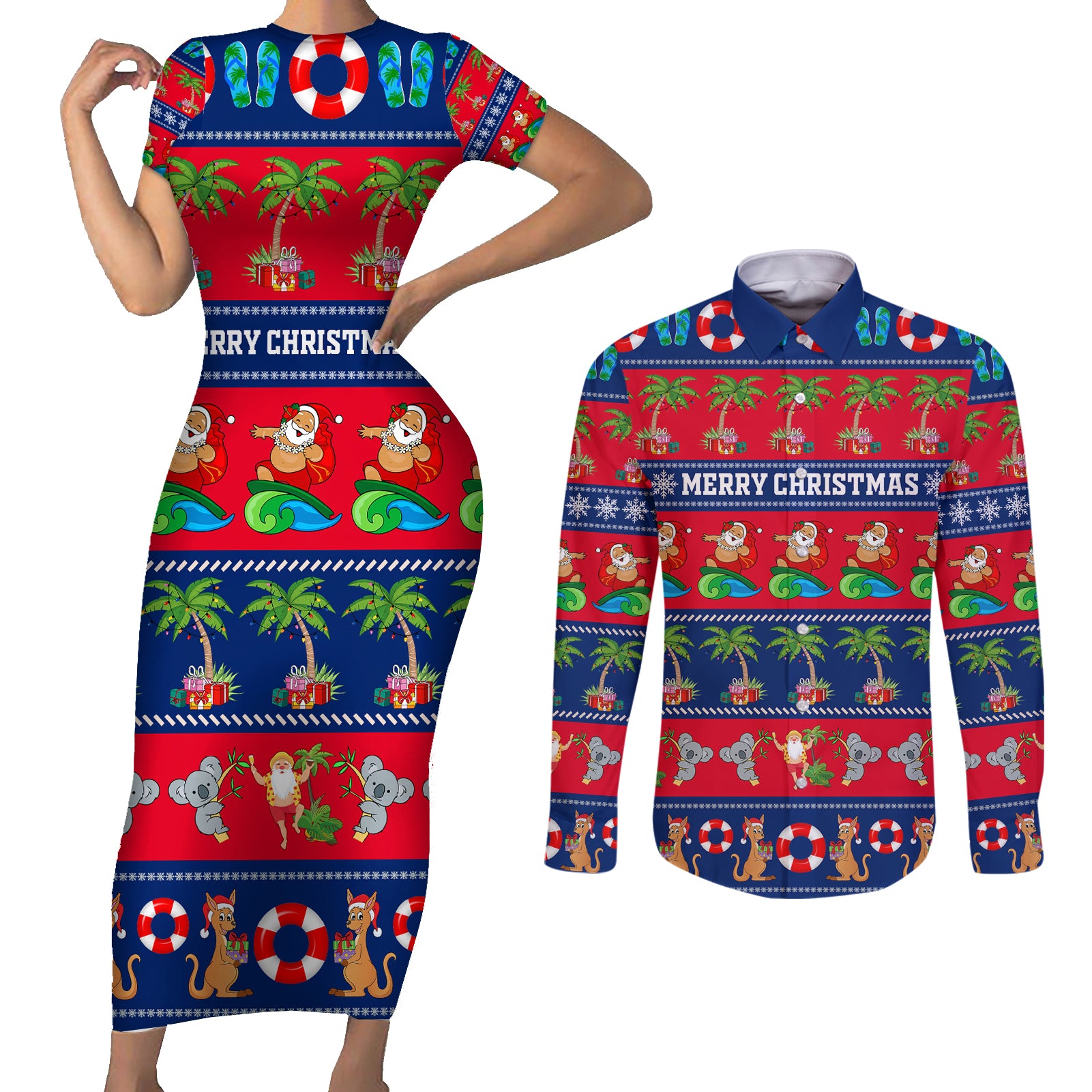 personalised-australia-christmas-couples-matching-short-sleeve-bodycon-dress-and-long-sleeve-button-shirt-aussie-santa-claus-beach-xmas-vibes