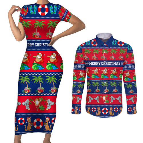personalised-australia-christmas-couples-matching-short-sleeve-bodycon-dress-and-long-sleeve-button-shirt-aussie-santa-claus-beach-xmas-vibes