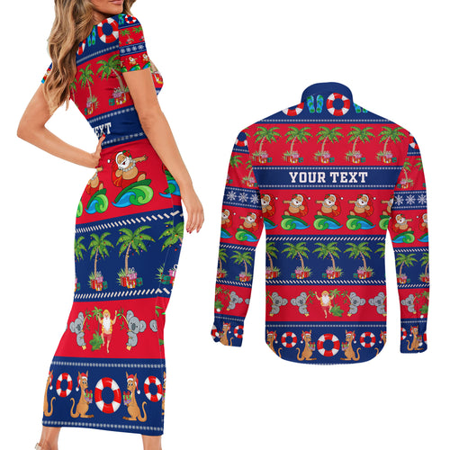 personalised-australia-christmas-couples-matching-short-sleeve-bodycon-dress-and-long-sleeve-button-shirt-aussie-santa-claus-beach-xmas-vibes