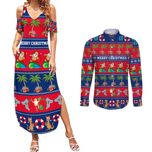personalised-australia-christmas-couples-matching-summer-maxi-dress-and-long-sleeve-button-shirt-aussie-santa-claus-beach-xmas-vibes