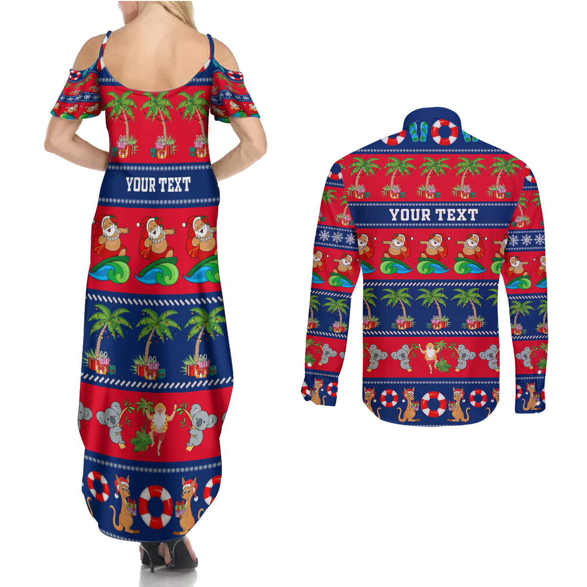 personalised-australia-christmas-couples-matching-summer-maxi-dress-and-long-sleeve-button-shirt-aussie-santa-claus-beach-xmas-vibes