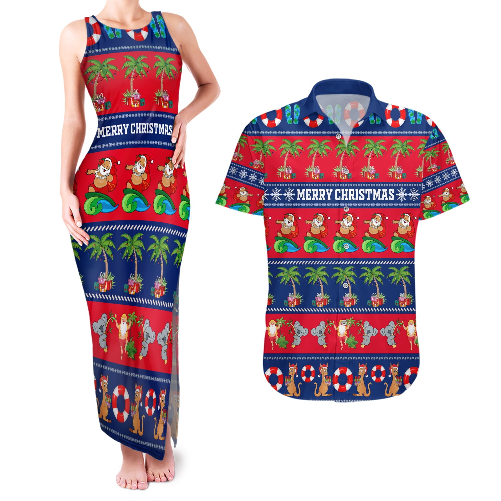 personalised-australia-christmas-couples-matching-tank-maxi-dress-and-hawaiian-shirt-aussie-santa-claus-beach-xmas-vibes