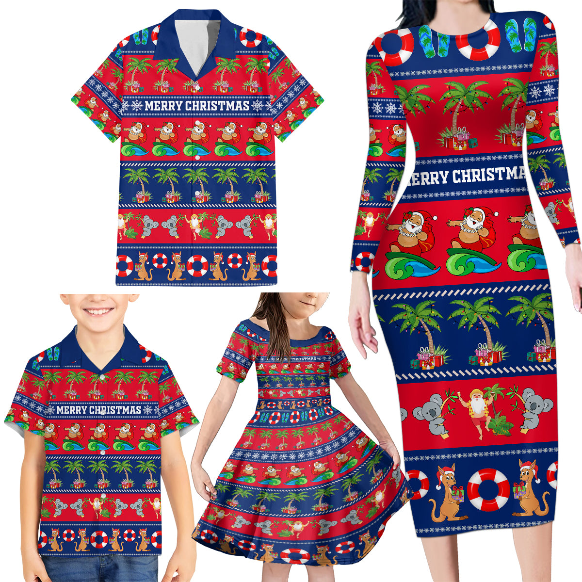 personalised-australia-christmas-family-matching-long-sleeve-bodycon-dress-and-hawaiian-shirt-aussie-santa-claus-beach-xmas-vibes