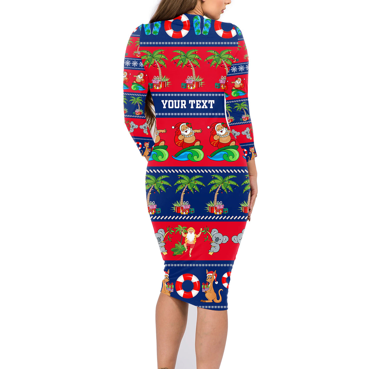 personalised-australia-christmas-family-matching-long-sleeve-bodycon-dress-and-hawaiian-shirt-aussie-santa-claus-beach-xmas-vibes