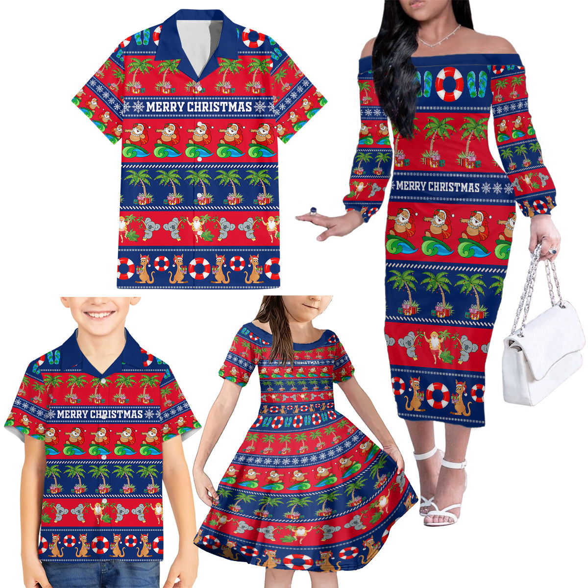 personalised-australia-christmas-family-matching-off-shoulder-long-sleeve-dress-and-hawaiian-shirt-aussie-santa-claus-beach-xmas-vibes