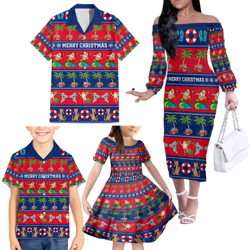 personalised-australia-christmas-family-matching-off-shoulder-long-sleeve-dress-and-hawaiian-shirt-aussie-santa-claus-beach-xmas-vibes