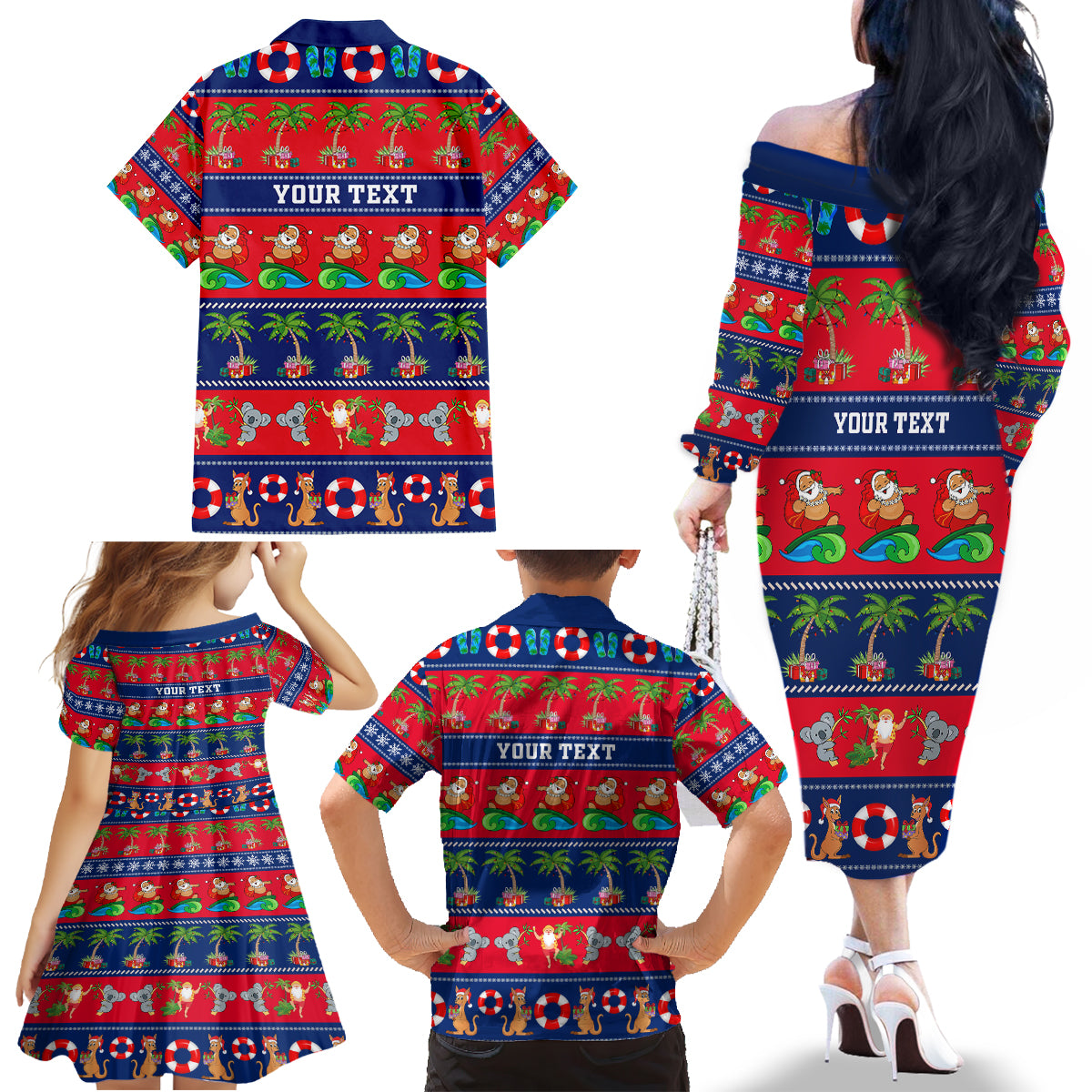 personalised-australia-christmas-family-matching-off-shoulder-long-sleeve-dress-and-hawaiian-shirt-aussie-santa-claus-beach-xmas-vibes