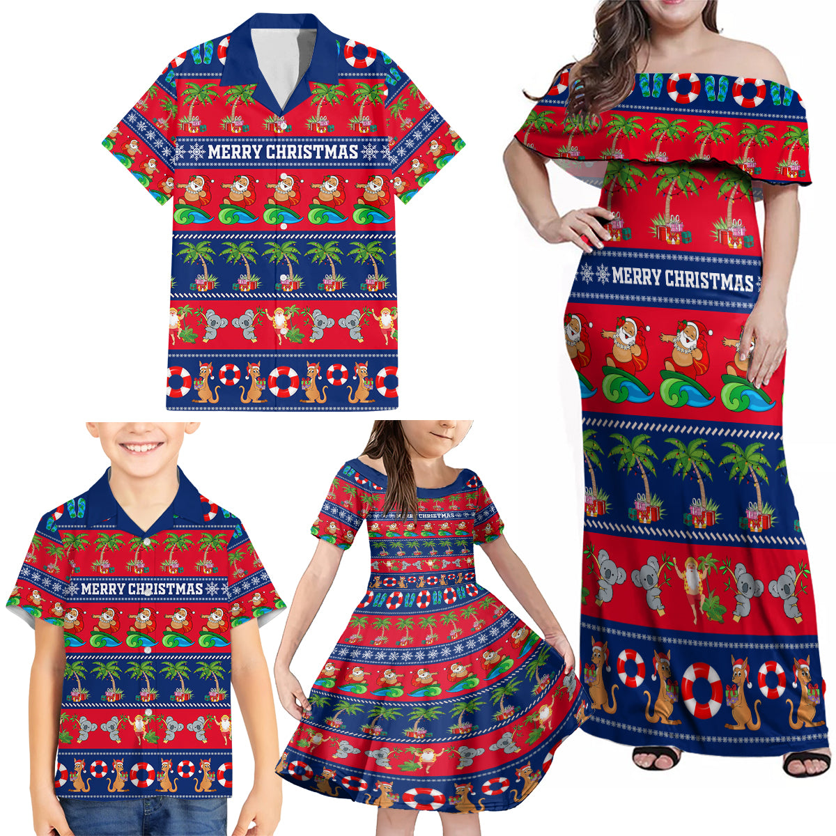 personalised-australia-christmas-family-matching-off-shoulder-maxi-dress-and-hawaiian-shirt-aussie-santa-claus-beach-xmas-vibes