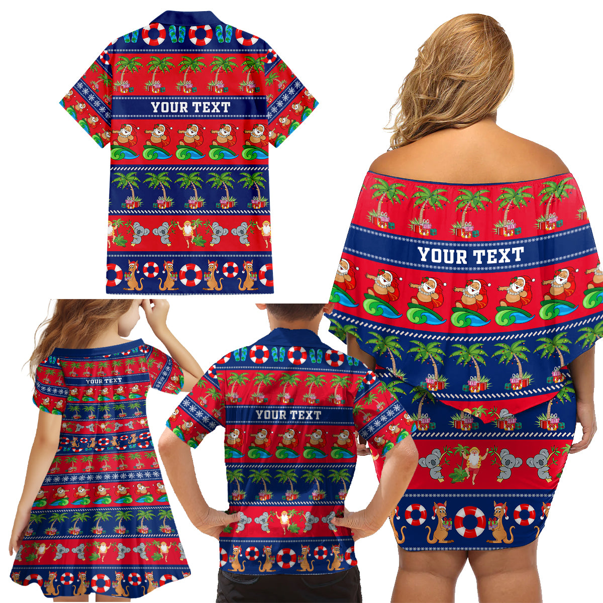 personalised-australia-christmas-family-matching-off-shoulder-short-dress-and-hawaiian-shirt-aussie-santa-claus-beach-xmas-vibes