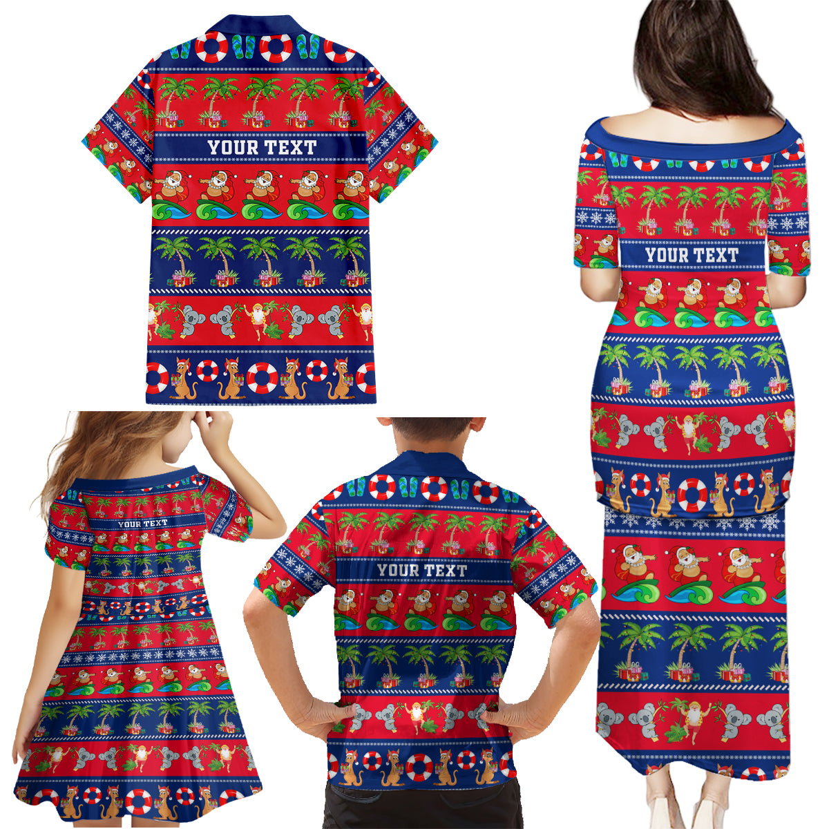 personalised-australia-christmas-family-matching-puletasi-dress-and-hawaiian-shirt-aussie-santa-claus-beach-xmas-vibes