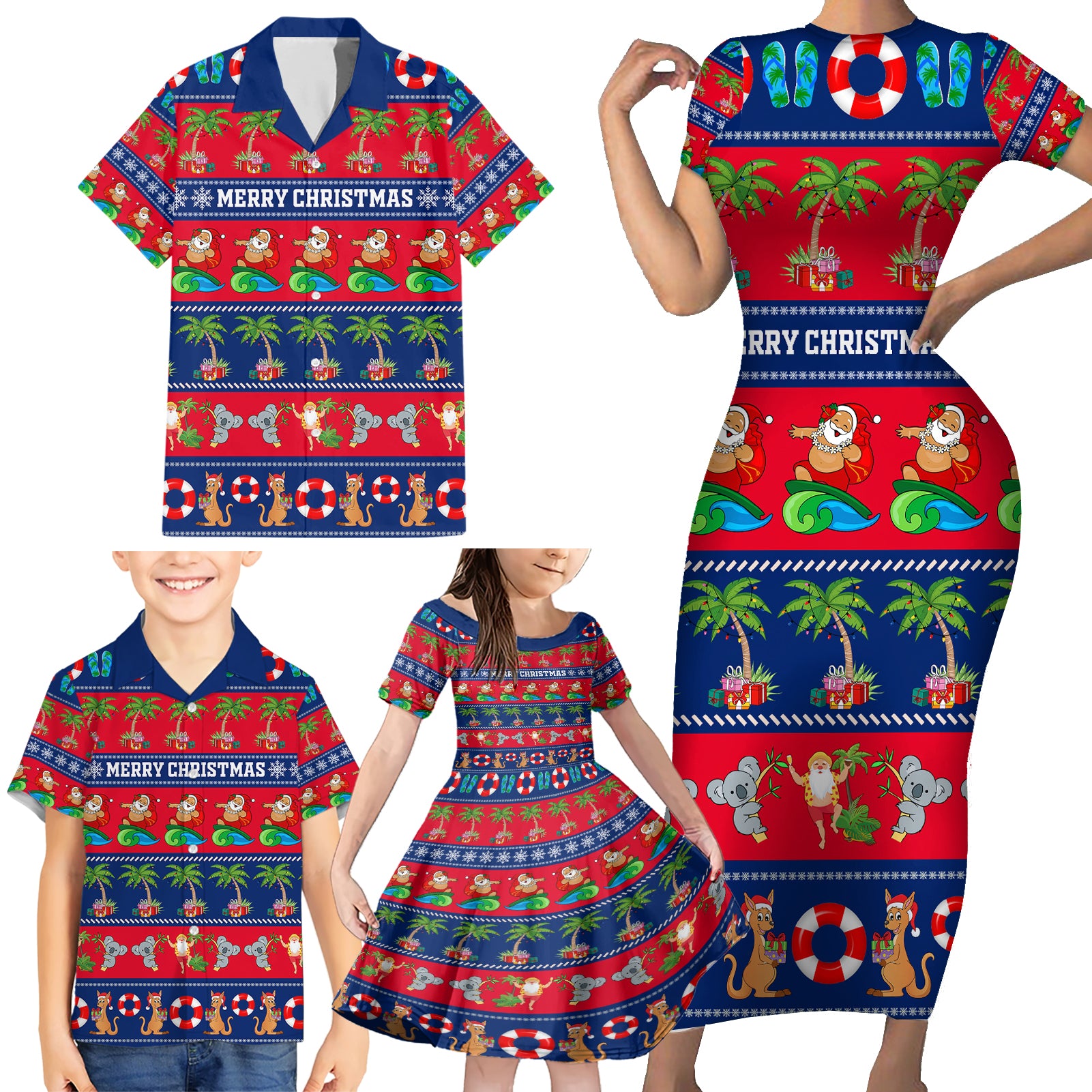 personalised-australia-christmas-family-matching-short-sleeve-bodycon-dress-and-hawaiian-shirt-aussie-santa-claus-beach-xmas-vibes