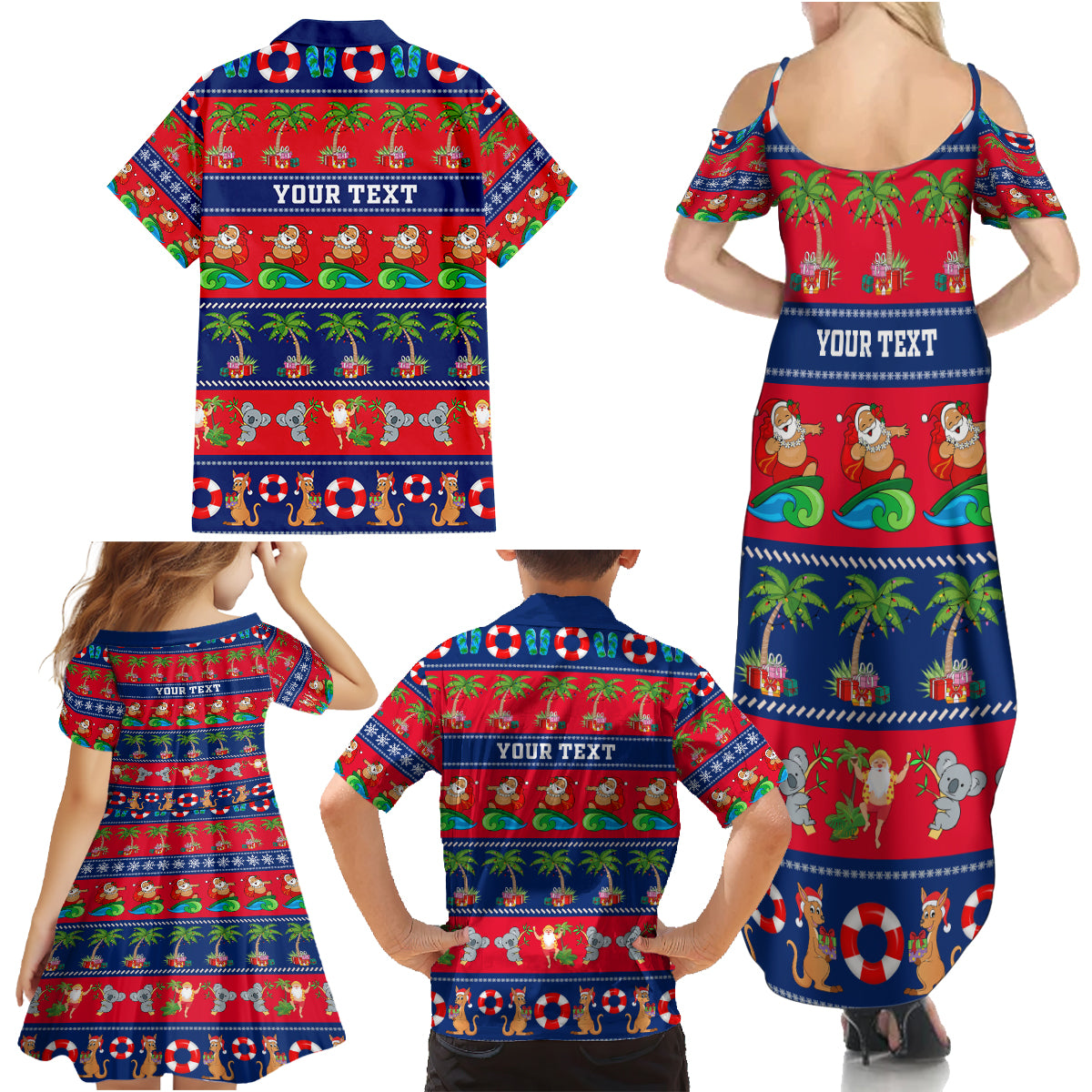 personalised-australia-christmas-family-matching-summer-maxi-dress-and-hawaiian-shirt-aussie-santa-claus-beach-xmas-vibes