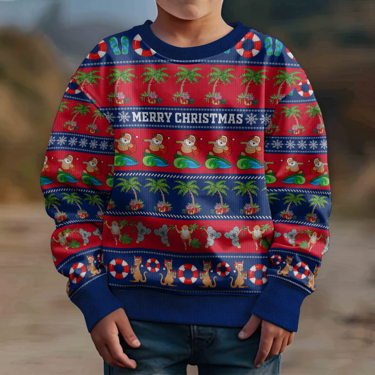 personalised-australia-christmas-kid-ugly-christmas-sweater-aussie-santa-claus-beach-xmas-vibes