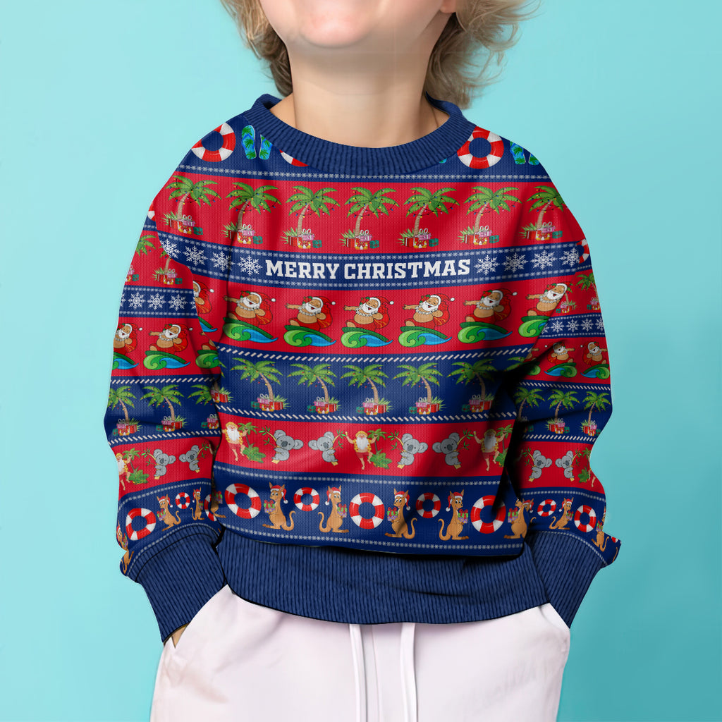 personalised-australia-christmas-kid-ugly-christmas-sweater-aussie-santa-claus-beach-xmas-vibes