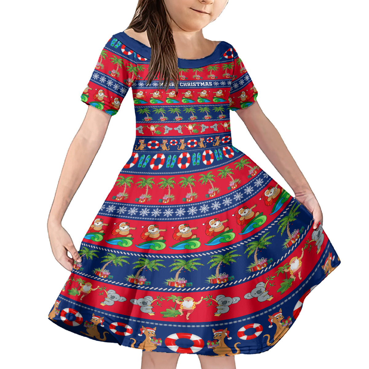 personalised-australia-christmas-kid-short-sleeve-dress-aussie-santa-claus-beach-xmas-vibes