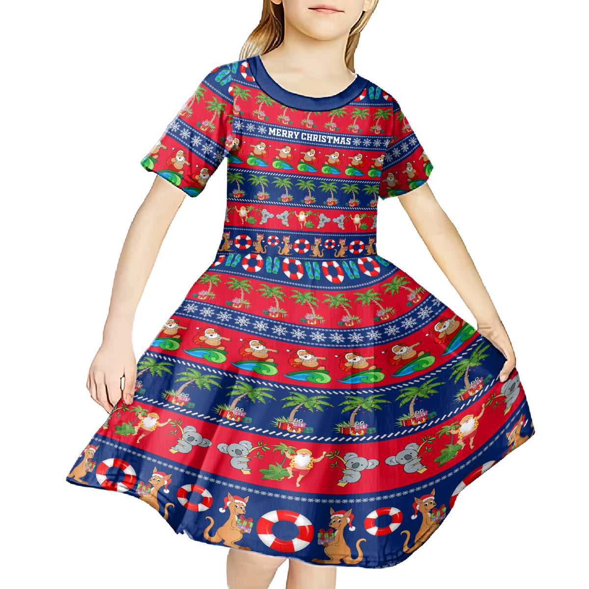 personalised-australia-christmas-kid-short-sleeve-dress-aussie-santa-claus-beach-xmas-vibes