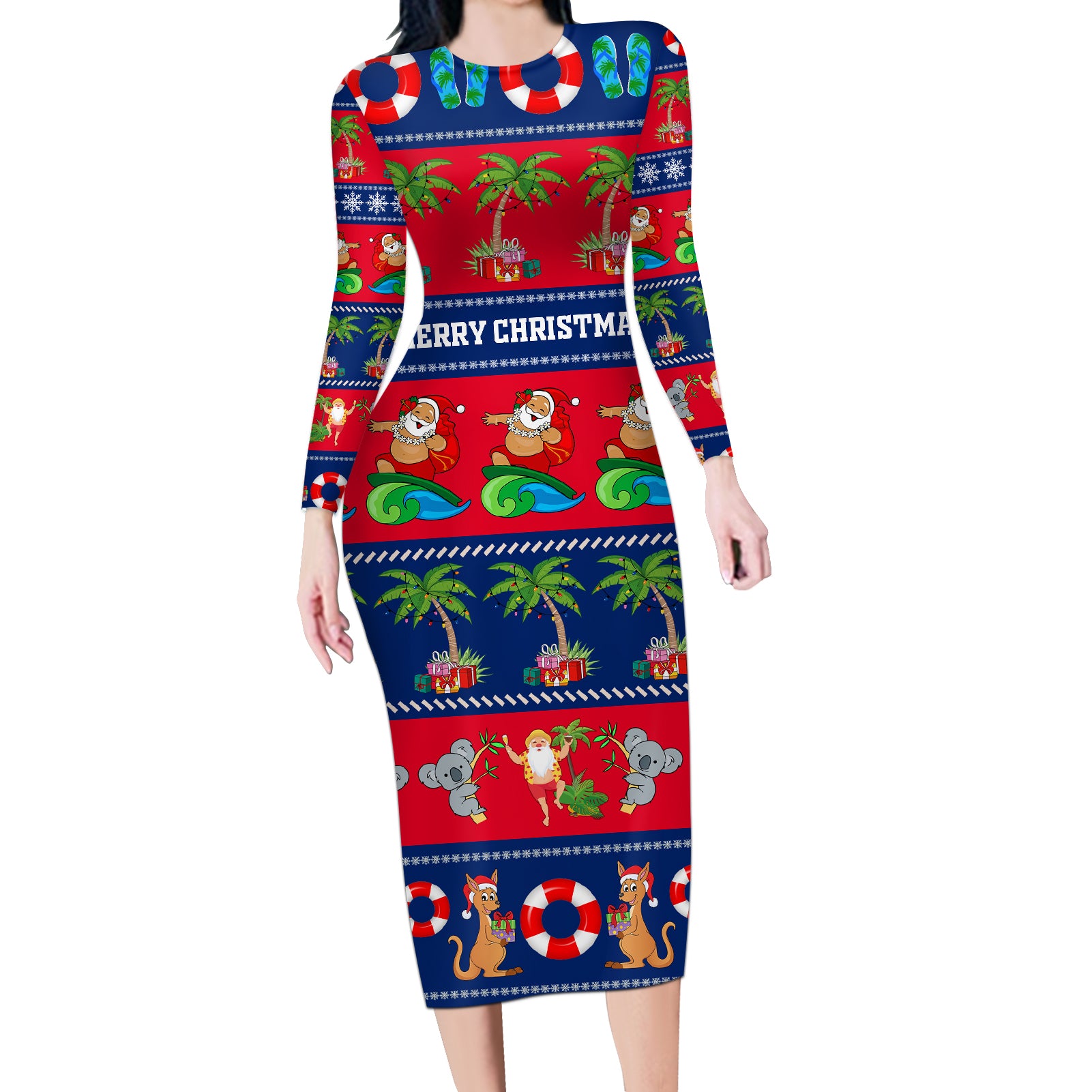 personalised-australia-christmas-long-sleeve-bodycon-dress-aussie-santa-claus-beach-xmas-vibes