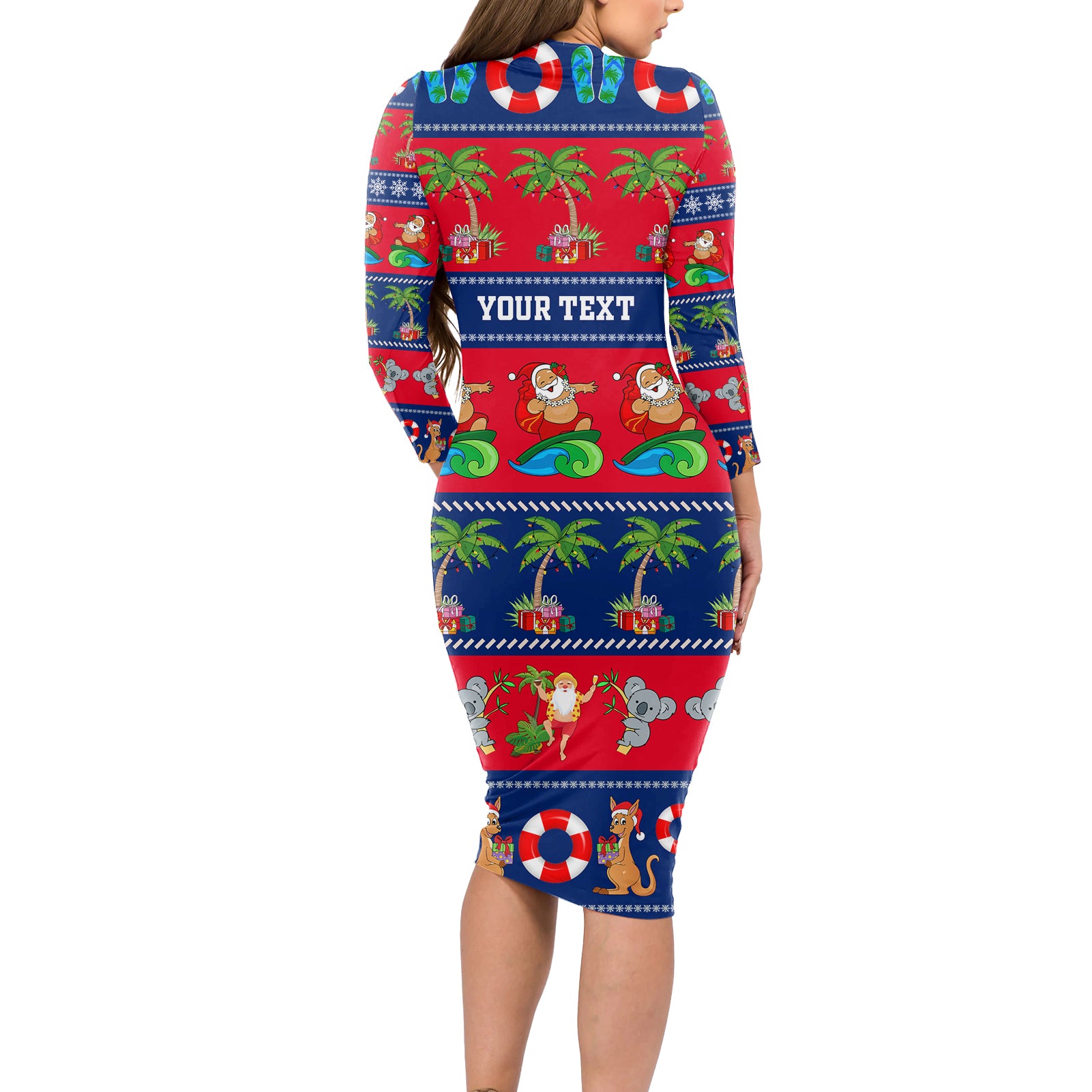 personalised-australia-christmas-long-sleeve-bodycon-dress-aussie-santa-claus-beach-xmas-vibes