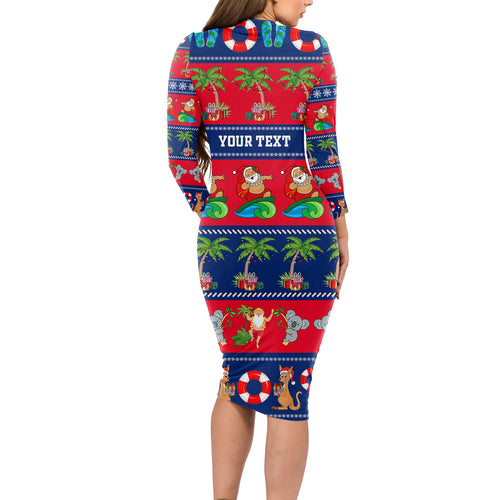 personalised-australia-christmas-long-sleeve-bodycon-dress-aussie-santa-claus-beach-xmas-vibes